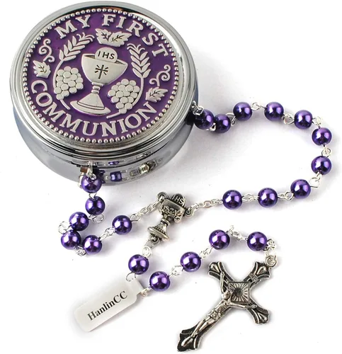Miniatura 7 de HanlinCC - Rosario para primera comunión de 6 mm con centro de cáliz, perlas de cristal y crucifijo chapado en plata para niña, en caja de regalo
