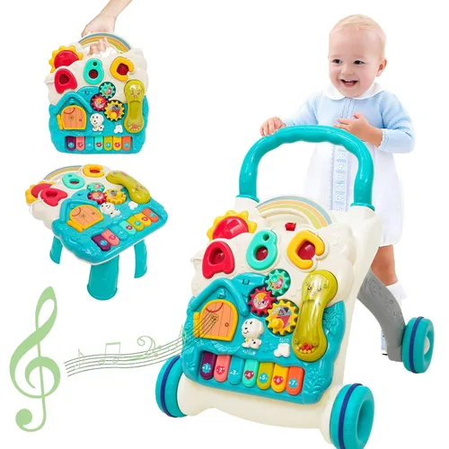 Caminante de aprendizaje sentado a pie 3 en 1 Baby Walker Centro de actividades de educación temprana con diseño de peso, sonidos y teléfono Azul