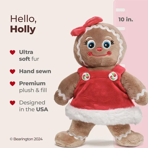 Miniatura 2 de Bearington Holly Ginger the Gingerbread - Animal de peluche navideño de 10 pulgadas, adorable juguete de niña de jengibre relleno con tela de felpa