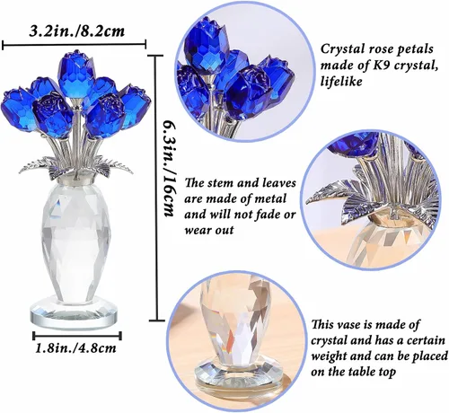 Miniatura 3 de YWHL Figura de ramo de rosas azules de cristal con jarrón, hecha a mano para mujeres en el día de la madre, flores de cristal con tallo decoración