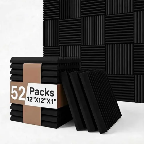 Paquete de 52 azulejos de pared de espuma acústica para estudio de cuña, insonorización, 12 x 12 x 1 pulgadas Negro