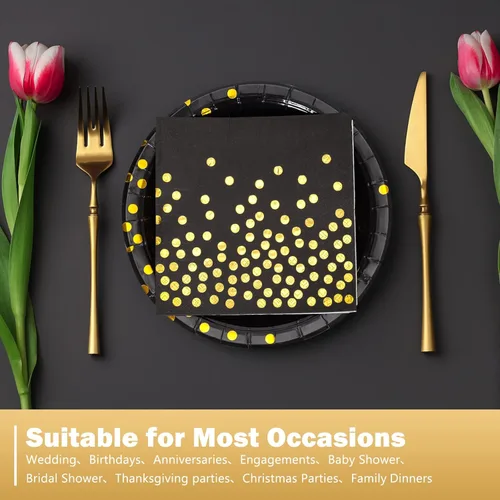 Miniatura 5 de Black Gold Paper Plates and Napkins-100 PCS-50 x 7''Dessert Plates & 50 x 6.5''Napkins,Gold Dots Paper Plate Party Supplies,for Azul Dorado