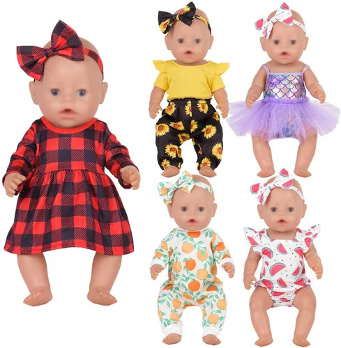 Ropa de muñeca de bebé recién nacido, a cuadros, mono, falda tutú, accesorios de muñeca para muñecas de 15 a 18 pulgadas Morado