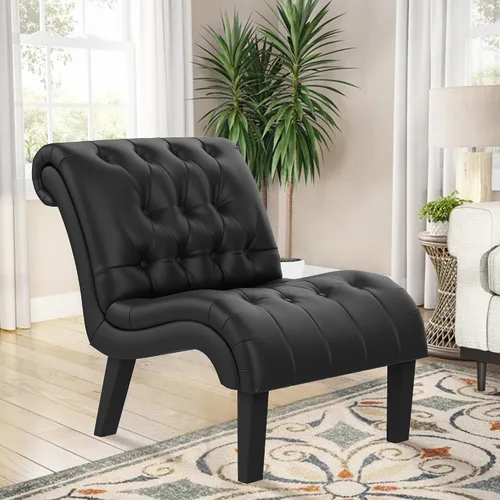 Miniatura 6 de Silla decorativa de piel sintética negra moderna con botones capitoné tapizada sin brazos para dormitorio, sala de estar con patas de madera