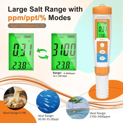 Miniatura 4 de YINMIK Probador de sal de piscina Nueva actualización Medidor de salinidad 5 en 1 pH TDS EC para piscinas de agua salada Probador de salinidad 5