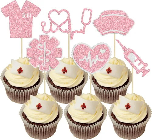 Miniatura 17 de Gyufise Decoración para pastel de enfermería con purpurina para enfermera, feliz cumpleaños, selección de pastel médico, decoración de pasteles