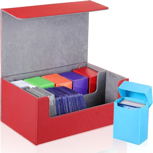 Yexiya 7 cajas de cartas de cubierta, 1 funda de almacenamiento de cuero con 6 cajas de almacenamiento de plástico para jugar Mtg Tcg (rojo, gris)