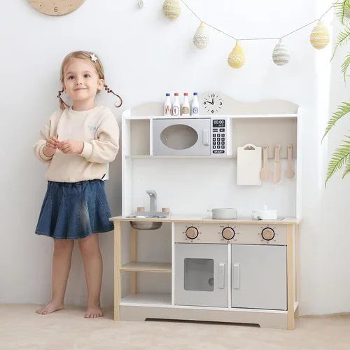 Juego de cocina para niños, juguete de madera para niños con 12 piezas de accesorios de comida y utensilios de cocina, juego de cocina para niños de