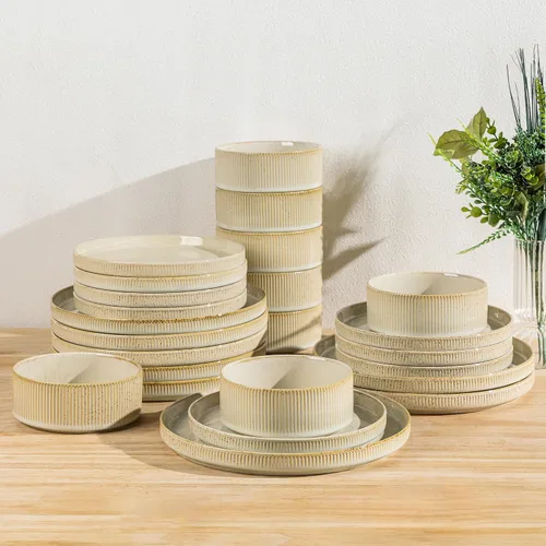 TheTerra juego de vajilla de cerámica para 8, 24 piezas de platos y cuencos de porcelana livianos, juego de vajilla resistente a las rayaduras, apto