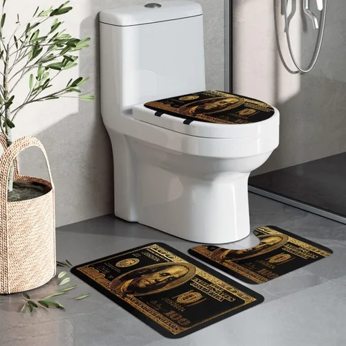 Miniatura 7 de GUBIYU Juego de alfombras de baño de 100 dólares, color negro y dorado, juego de alfombras de baño con dinero, tapete de baño antideslizante