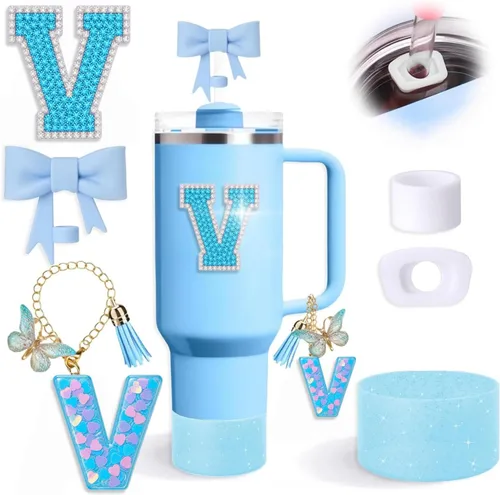 Miniatura 23 de Juego de 6 accesorios de copa Stanley color azul, adorno de pajilla con lazo para copa Stanley de 30 onzas, 40 onzas, incluye adorno de popote