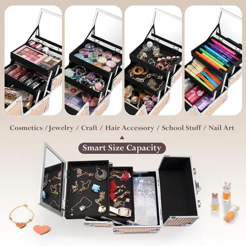 Miniatura 2 de FRENESSA Estuche de Maquillaje Tipo Maleta, Caja de Maquillaje Portátil con Espejo, Caja con Cerradura, Estuches de Maquillaje de Viaje Tipo Maleta