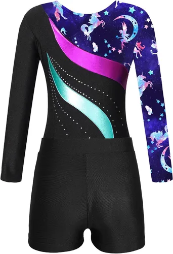 Miniatura 4 de TiaoBug Conjunto de leotardo de gimnasia de manga larga para niñas y niñas con pantalones cortos