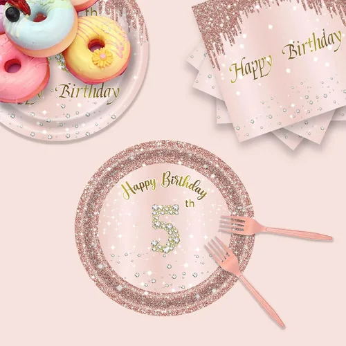 Miniatura 4 de 24 juegos de decoración de fiesta de oro rosa para niñas de 5 años, 5 platos de cumpleaños y tenedores con servilletas, suministros de fiesta