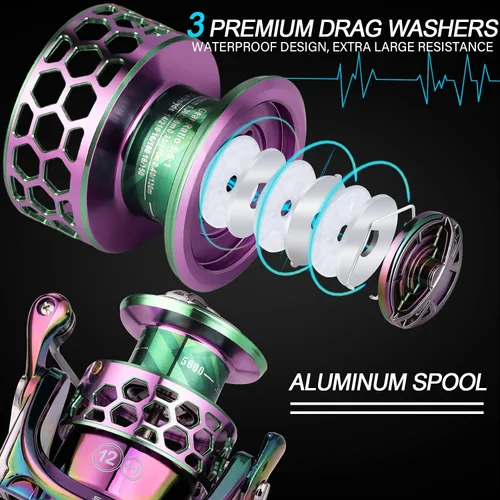 Miniatura 6 de Sougayilang Carrete de pesca, carretes giratorios de marco de aluminio colorido con 12+1 BB inoxidable, mango de aluminio de gran tamaño para pesca