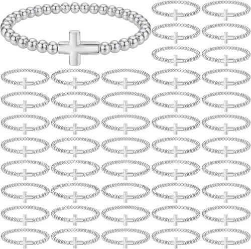 Christian Cross Bracelets Bulk Gifts for Women Beaded Jesus Bracelets Stretch Church Jewelry for Religious Party Plateado