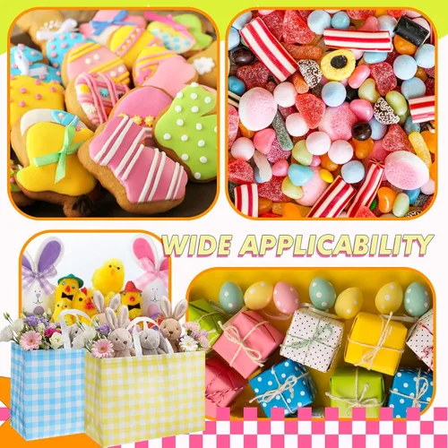 Miniatura 7 de Colarr 12 piezas bolsas de mano de Pascua extra grandes con asa, bolsa de regalo de primavera, no tejida, a cuadros búfalo, impermeable