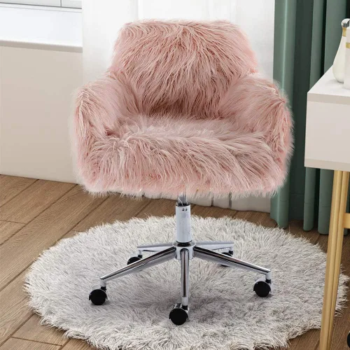 Miniatura 6 de HomVent Silla decorativa de piel sintética, bonita silla giratoria de piel sintética lanuda y moderna, taburete de maquillaje, altura ajustable