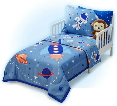EVERYDAY KIDS Juego de ropa de cama de 4 piezas para niños pequeños – Aventuras del espacio exterior – Incluye edredón, sábana encimera, sábana