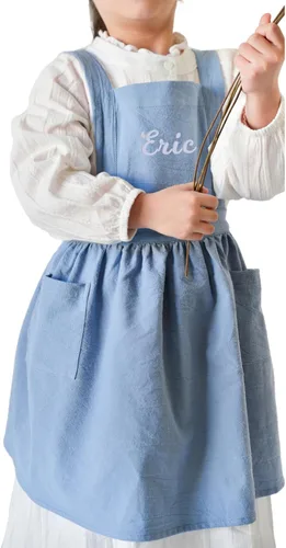 Miniatura 2 de MT WORLD Delantal de lino personalizado para niñas, delantales duraderos para niños pequeños, con espalda cruzada, regalos para cocinar, hornear