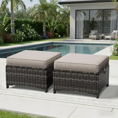Miniatura 7 de Joyside Juego de 2 otomanas para exteriores, reposapiés otomano grande para patio con cojines gruesos, taburete de mimbre para exteriores para Beige