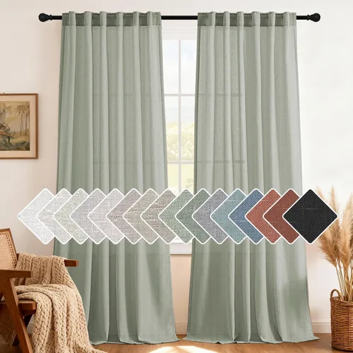 Miniatura 31 de H.VERSAILTEX Cortinas de lino natural de 63 pulgadas de largo para sala de estar, 2 paneles con trabillas traseras y bolsillo, texturizadas