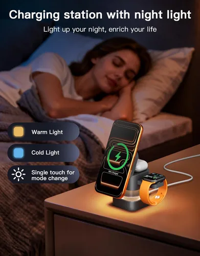 Miniatura 7 de Estación de carga inalámbrica 3 en 1, cargador inalámbrico con lámpara nocturna y diseño retráctil, cargador inalámbrico para teléfono