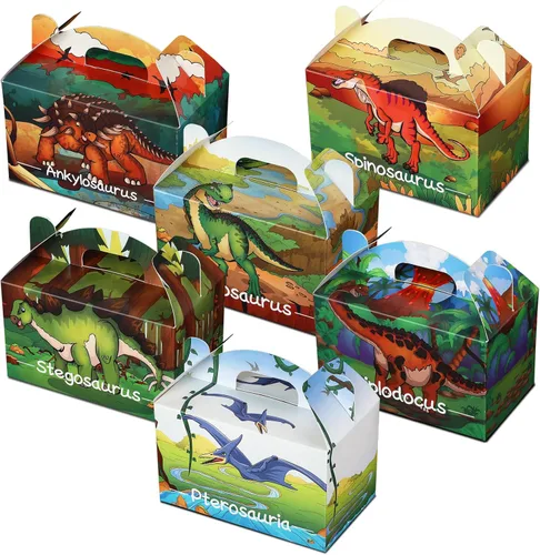 Miniatura 8 de TaoBary 24 cajas de recuerdo de fiesta de dinosaurios para niños y niñas, recipientes de regalo de golosinas de dinosaurio jurásico con asa
