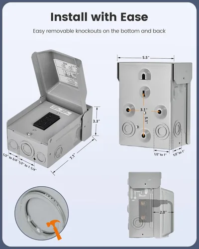 Miniatura 6 de SURAIELEC Caja de Salida Exterior, Receptáculo GFCI WRTR de 20 AMP, Recinto 3R a Prueba de Lluvia, Cubierta de Salida Eléctrica Todo Metálica