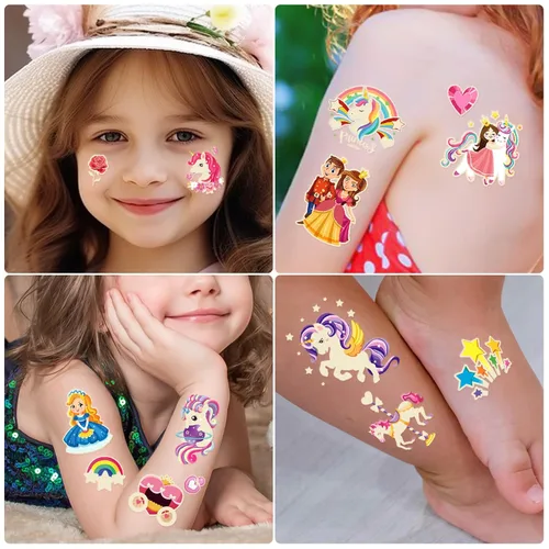 Miniatura 4 de Más de 252 piezas de tatuajes temporales de princesa unicornio brillante para niños, 36 hojas de tatuajes falsos de castillo arcoíris, dulces