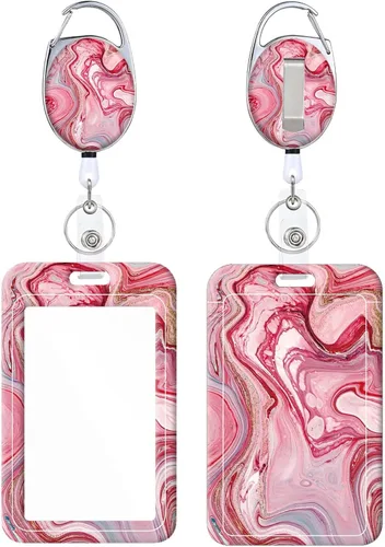 Miniatura 18 de Portainsignia Retráctil, Carrete de Insignia con Clip para Cinturón de Patrón Estampado Lindo con Llavero, Protector de Tarjeta de Identificación