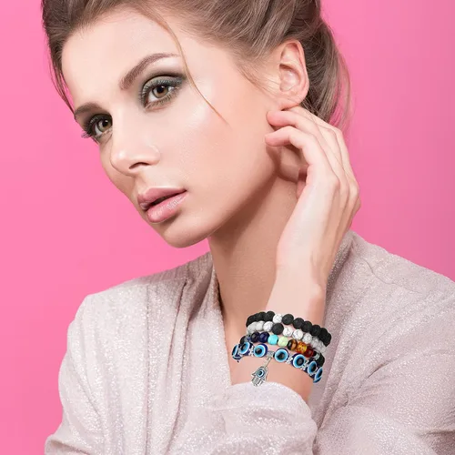Miniatura 4 de Juego de 4 pulseras de mal de ojo, pulseras de cuentas Hamsa con dije de chakra, pulsera elástica para mujeres, adolescentes y niñas