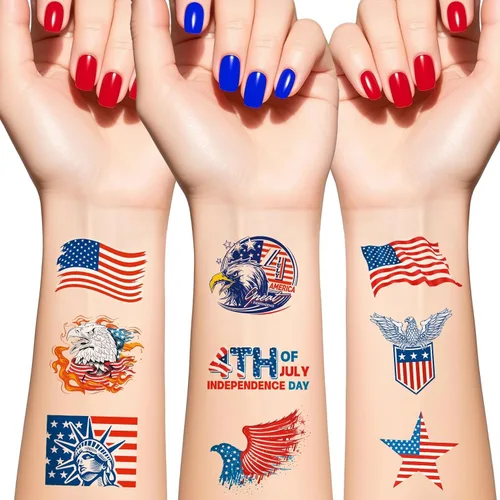 Tatuajes temporales del 4 de julio, calcomanías de tatuaje falsas de bandera estadounidense, color rojo, blanco y azul, 4 de julio, recuerdos de