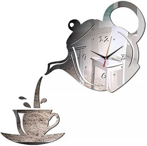 Miniatura 5 de Tetera y taza acrílico 3D DIY espejo reloj de pared – Seguridad irrompible azulejos espejo autoadhesivo superficie tiempo adhesivo para decoración