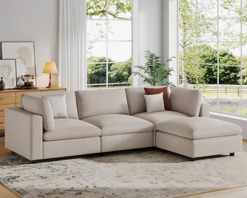 Miniatura 27 de VANOMi Sofá modular, cómodo sofá con marco de madera maciza de 3 asientos, sofá moderno certificado FSC para sala de estar, beige