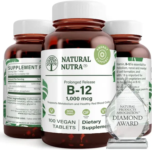 Natural Nutra Vitamina B12 1000 mcg, suplemento de cobalamina B 12, fosfato de calcio, ayuda en la salud del metabolismo, absorción óptima, sin