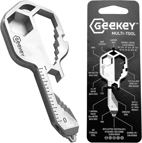 Geekey Llavero multiherramienta – Herramienta EDC con más de 16 funciones | Llavero abrebotellas pequeño con destornillador, llave inglesa y