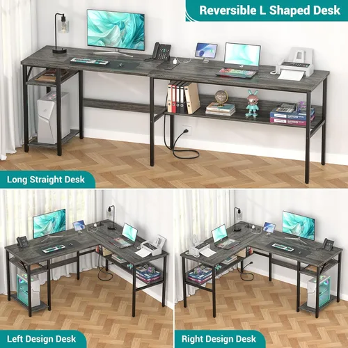 Miniatura 4 de Escritorio reversible en forma de L para juegos con tomas de corriente y puertos de carga USB, escritorio para computadora resistente con estante