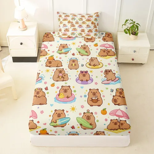 Miniatura 20 de Sábana bajera ajustable de Capybara de dibujos animados tamaño individual para niños, bonito juego de cama de Capybaras marrón para niños y niñas