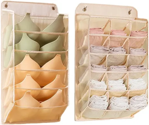 Miniatura 3 de Paquete de 2 organizadores colgantes duraderos para ropa interior/calcetines con 15 bolsillos de malla, bolsillo de almacenamiento que ahorra