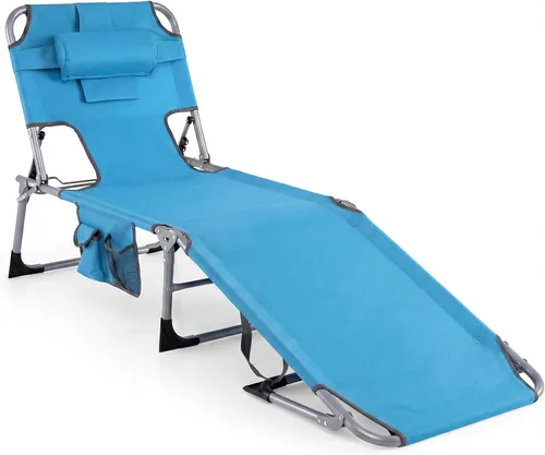 Miniatura 19 de Tangkula Silla de bronceado con agujero frontal, plegable y ajustable para patio, silla reclinable, para playa, tomar el sol, con bolsillo lateral