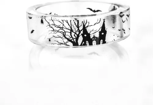 Miniatura 2 de JAJAFOOK 0315in resina acrílica transparente madera blanco y negro murciélago lápida estilo banda DIY anillo