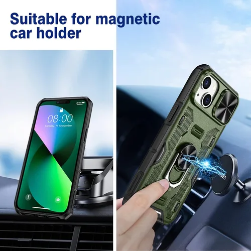 Miniatura 6 de VEGO Funda para iPhone 13 y iPhone 14 con soporte de clip para cinturón, cubierta deslizante para cámara y soporte magnético giratorio de 360°