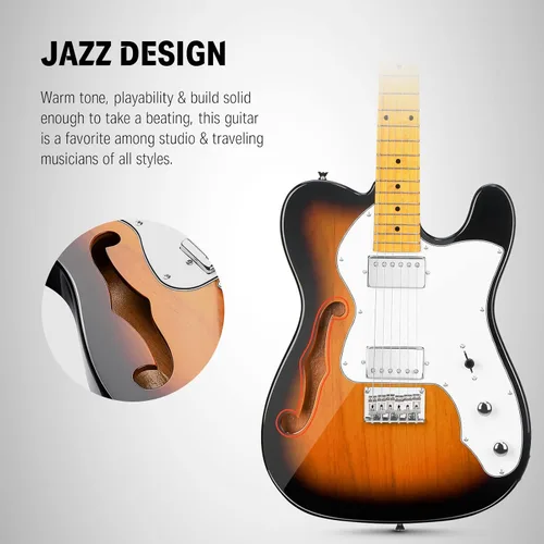 Miniatura 2 de Guitarra eléctrica Donner Jazz de 39 pulgadas TL Thinline F Hole para principiantes, tamaño grande, guitarra hueca con pastillas H-H, con bolso