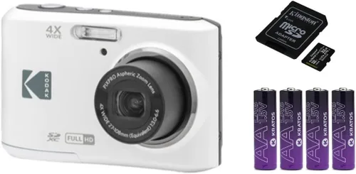 Kodak PIXPRO FZ45 Friendly Zoom Cámara digital (blanco) Paquete con tarjeta SD de 32 GB y pilas AA (paquete de 4) (3 artículos)