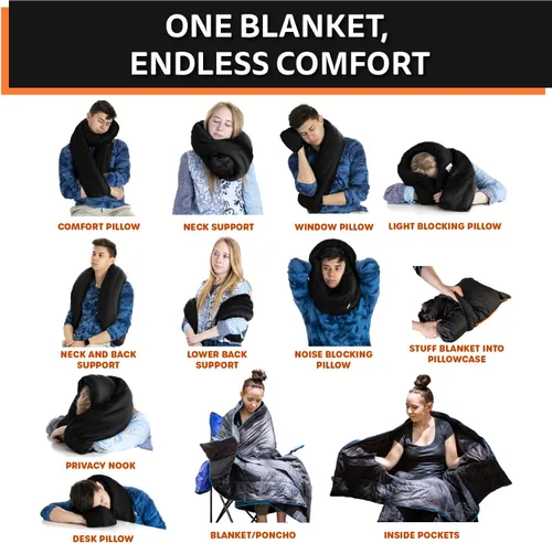 Miniatura 6 de NAPRO Almohada de viaje y manta de campamento, 3 en 1 de nailon Ripstop Infinity y fundas de almohada de viaje cuadradas con 82 x 54 pulgadas
