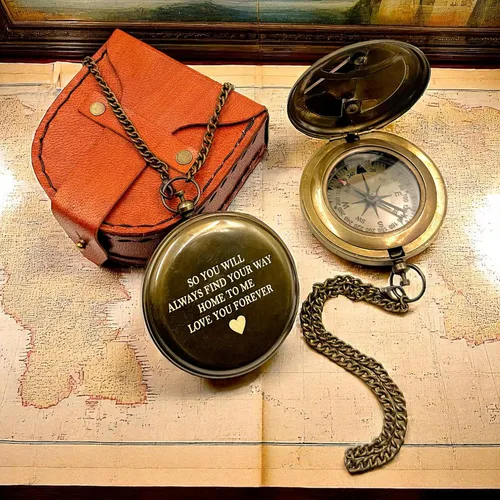 Miniatura 6 de Brújula de reloj de sol grabado Love You Forever con funda de cuero, regalo inspirador para viajeros, aventureros, novios, bautizos, bodas o él
