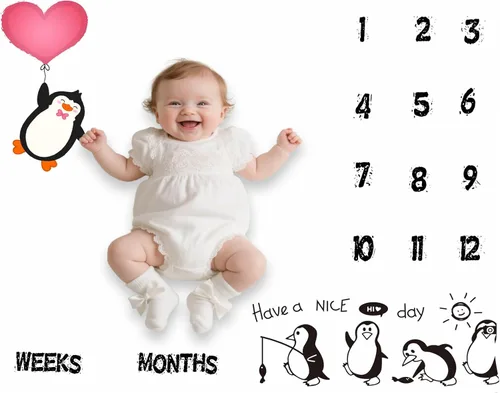 Miniatura 3 de BTYYSS31 - Manta mensual de hitos mensuales de pingüino, franela suave de 48 x 40 pulgadas, corazón de amor rojo, regalos para mamá recién nacida