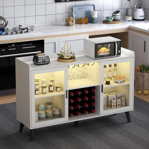 Miniatura 6 de Auromie Gabinete de bar de vinos con luz LED, gabinete de café para el hogar con estante para vino y vidrio, aparador de cocina con estantes