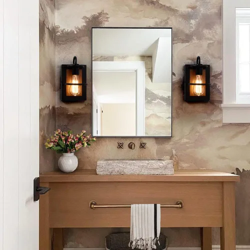 Miniatura 9 de Apliques de pared estilo granja, iluminación de pared industrial moderna en interior con base E26 color madera falso acabado negro mate, lámpara